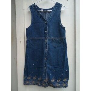 JL NY Sport Denim Jean Dress Womens Med Knee Length Gold Embroidered Cottagecore